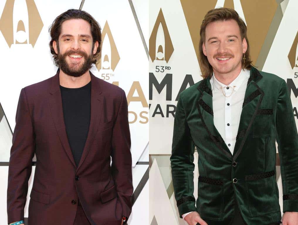 Thomas Rhett and Morgan Wallen on a CMA red carpet, Thomas wears maroon jacket, Morgan wears green jacket