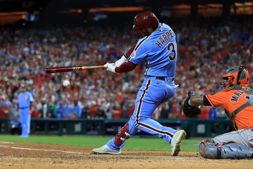 Bryce Harper #3 of the Philadelphia Phillies at bat against the Houston Astros