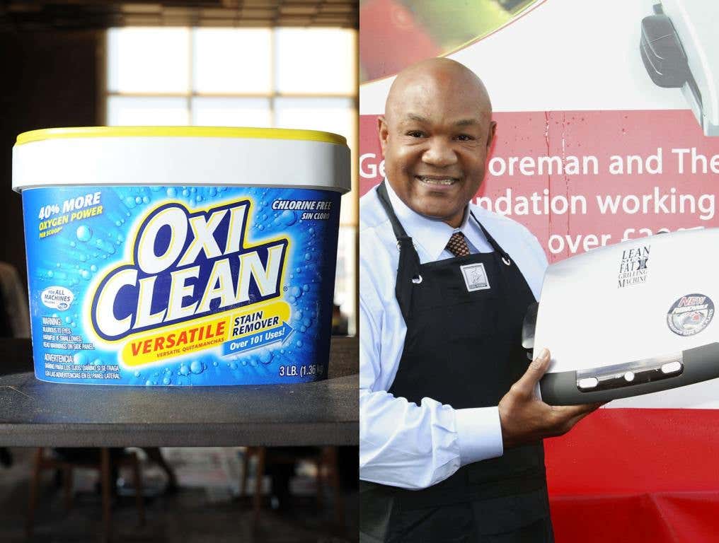 A container of OxiClean; George Foreman holding his iconic grill.