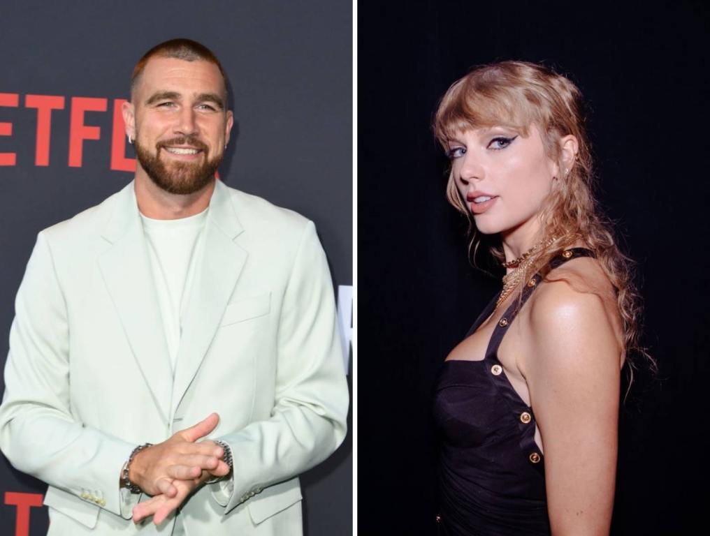 Travis Kelce poses on a red carpet; Taylor Swift poses at the MTV VMAs