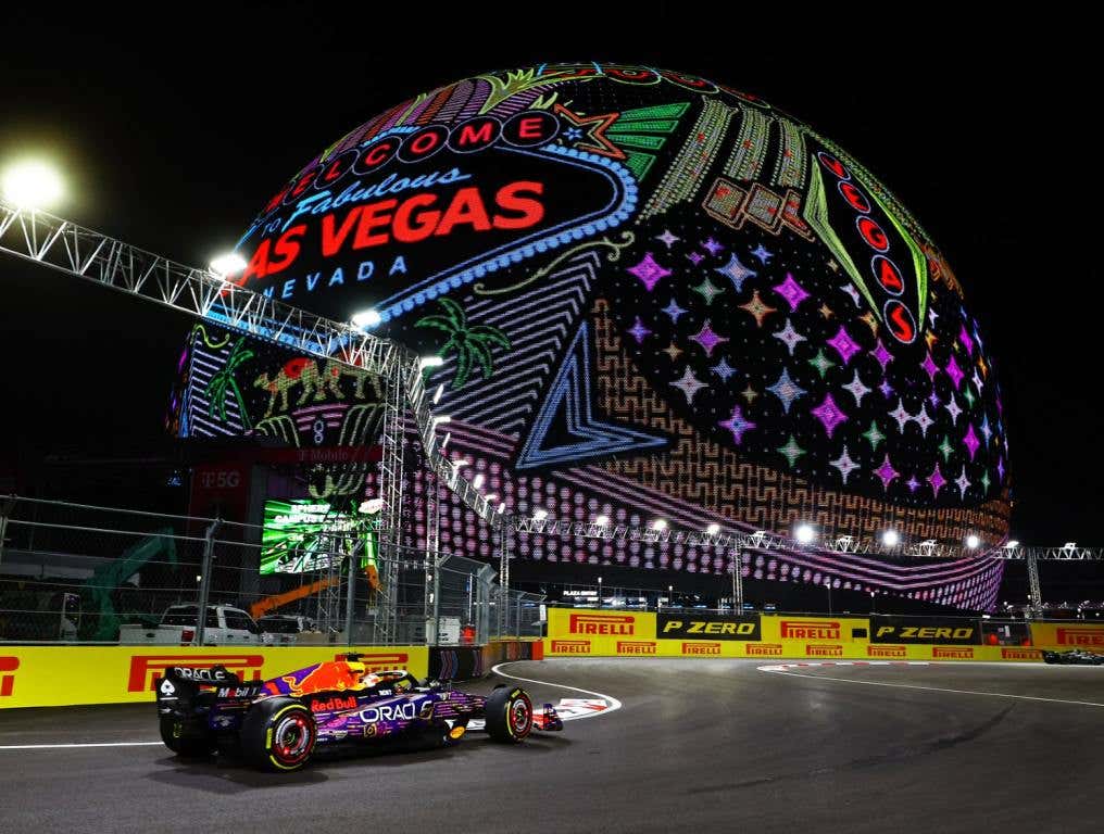 Max Verstappen of the Netherlands driving the (1) Oracle Red Bull Racing RB19 on track during practice ahead of the F1 Grand Prix of Las Vegas at Las Vegas Strip Circuit on November 17, 2023 in Las Vegas, Nevada.