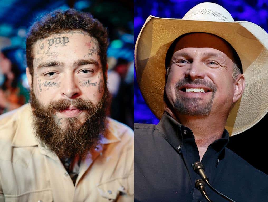 Post Malone Sings A Garth Brooks Classic - Malone in a tan shirt, Garth in a black blazer and cowboy hat.