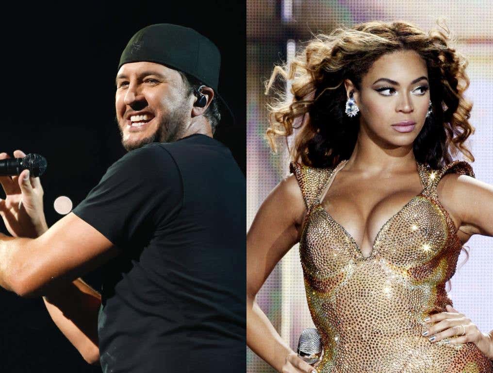 Luke Bryan Say Beyonce In Country - Luke on stage wearing black and smiling, and Beyonce on stage wearing a gold dress.