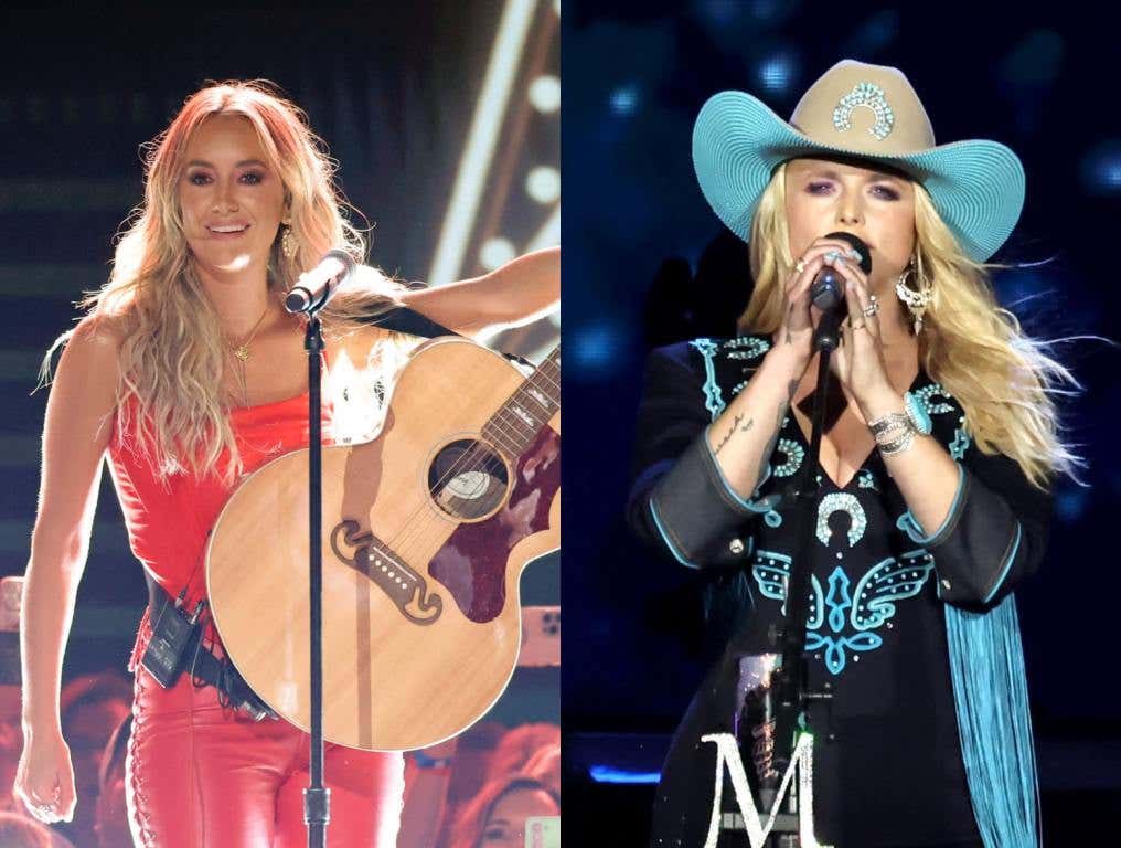 Lainey Wilson played guitar onstage in a red jumpsuit, and Miranda Lambert sang in a cowboy outfit with a black cowboy hat.