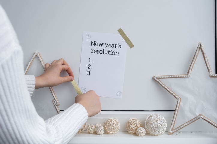 NEW YEAR'S RESOLUTION checklist text on paper note stick on while wall with cozy minimalistic handmade Christmas decor. New year aims resolutions. Low key festive Planning and setting goals concept