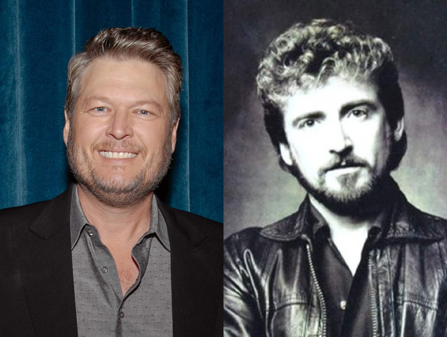 Blake Shelton posing in a blue blazer, and Keith Whitley in black and white.