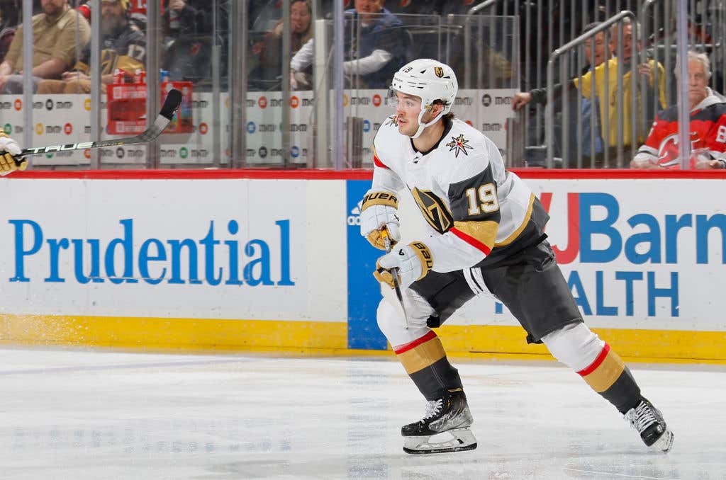 NEWARK, NEW JERSEY - JANUARY 22: Brendan Brisson #19 of the Vegas Golden Knights skates against the New Jersey Devils at Prudential Center on January 22, 2024 in Newark, New Jersey.