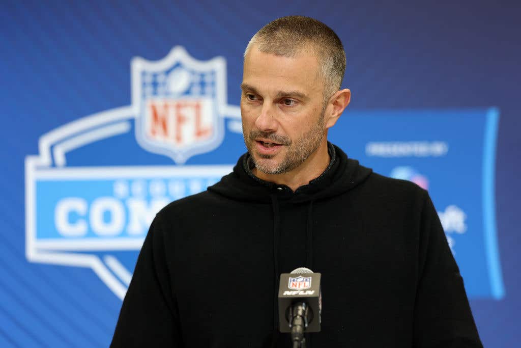 INDIANAPOLIS, INDIANA - FEBRUARY 25: General Manager John Spytek of the Las Vegas Raiders speaks to the media during the NFL Scouting Combine at the Indiana Convention Center on February 25, 2025 in Indianapolis, Indiana.