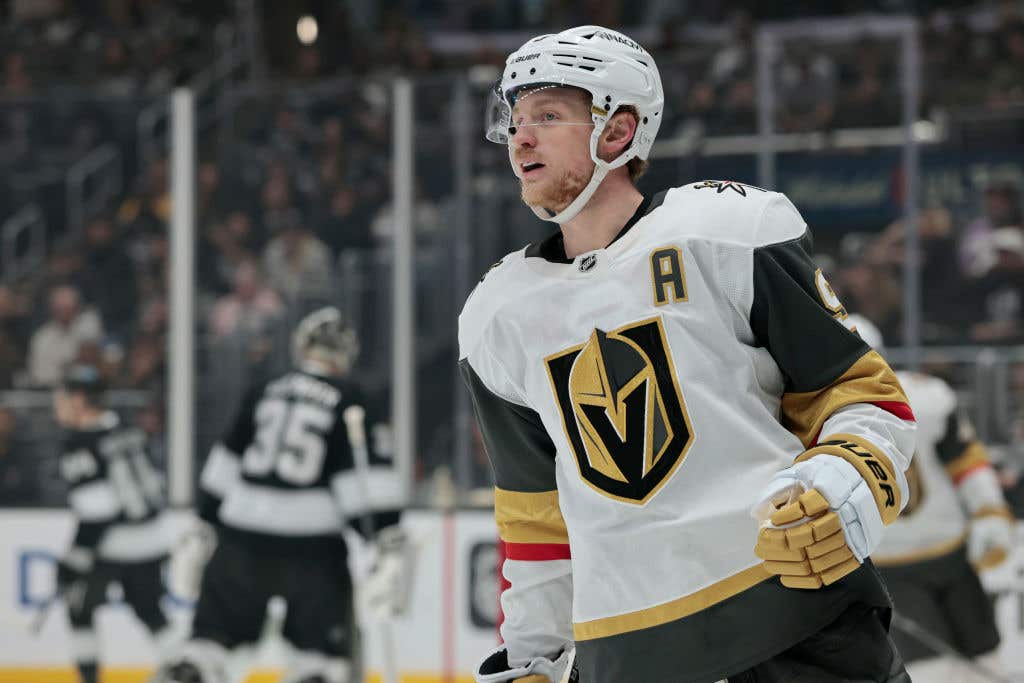 LOS ANGELES, CALIFORNIA - FEBRUARY 24: Jack Eichel #9 of the Vegas Golden Knights rduring a 5-2 loss to the Los Angeles Kings at Crypto.com Arena on February 24, 2025 in Los Angeles, California.