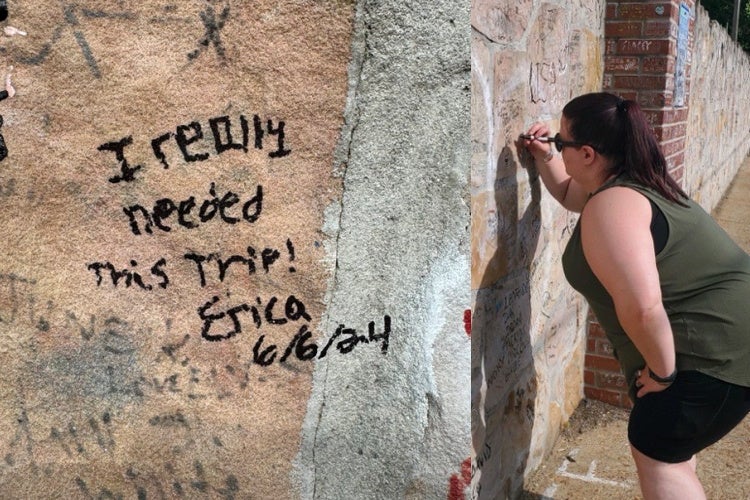 Erica Banas signing the wall at Graceland